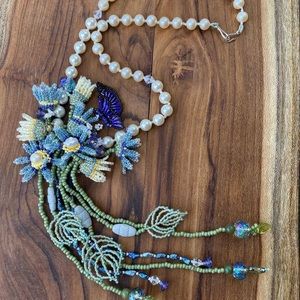 Handcrafted blue butterfly necklace pearls glass beads crystals flowers artisan